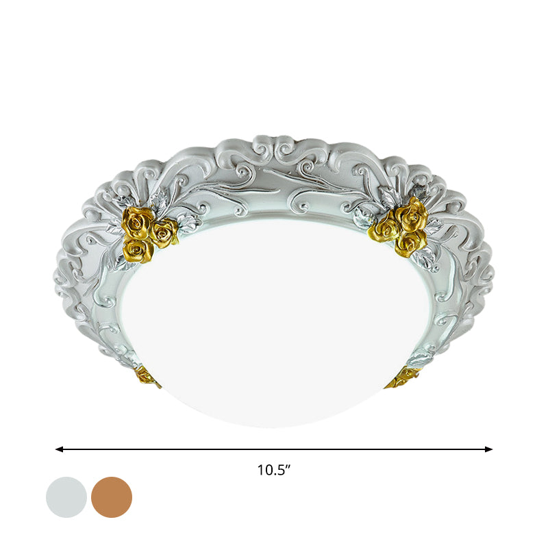 Milky Glass Led Ceiling Fixture - Traditional Semi-Orb Flush Mount Light With White And Gold/Brown