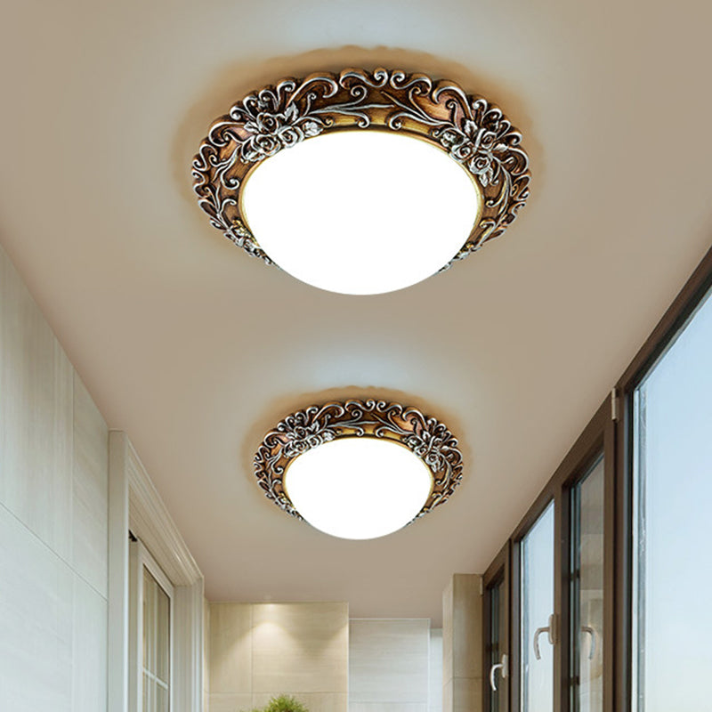Milky Glass Led Ceiling Fixture - Traditional Semi-Orb Flush Mount Light With White And Gold/Brown