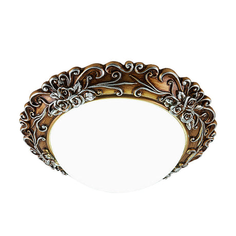 Milky Glass Led Ceiling Fixture - Traditional Semi-Orb Flush Mount Light With White And Gold/Brown