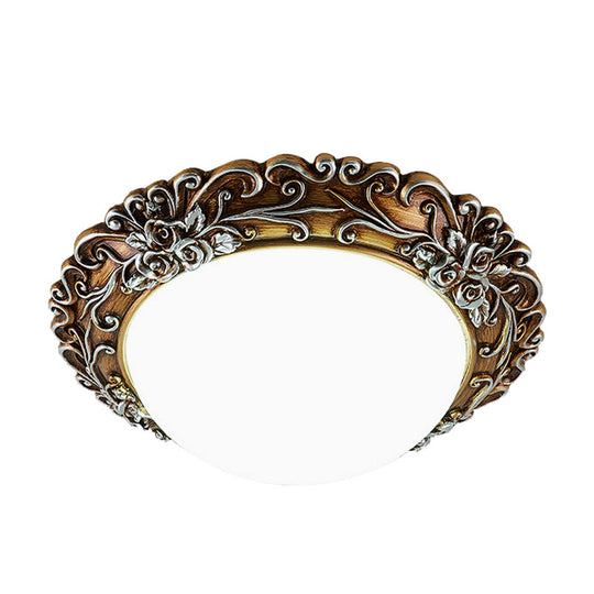 Milky Glass Led Ceiling Fixture - Traditional Semi-Orb Flush Mount Light With White And Gold/Brown