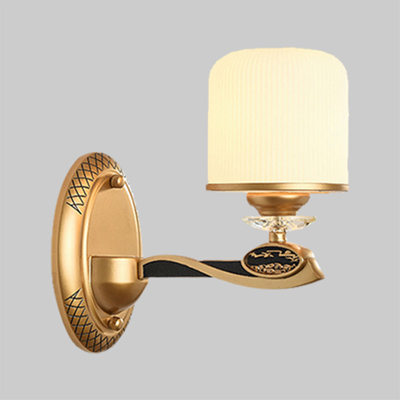 Retro Style Gold Cylinder Wall Sconce Light With Ribbed Glass - 1/2 Bulbs Bedside Lighting