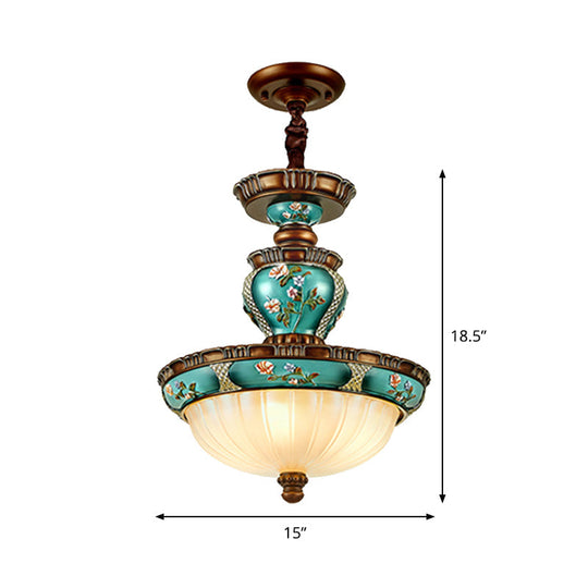 Blue Vintage Dome Hanging Lamp- 15/19 Wide Ribbed Glass Etching 3 Heads Down Lighting
