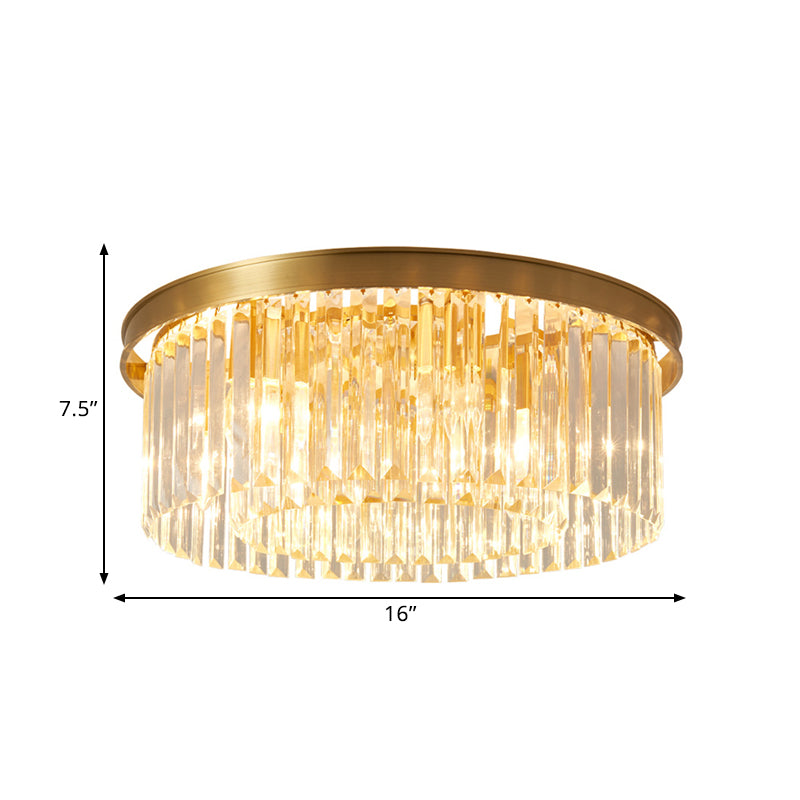 Gold Round Bedroom Flush Mount Lamp 4/5 Clear Crystal Prisms 16’/19.5’ Wide
