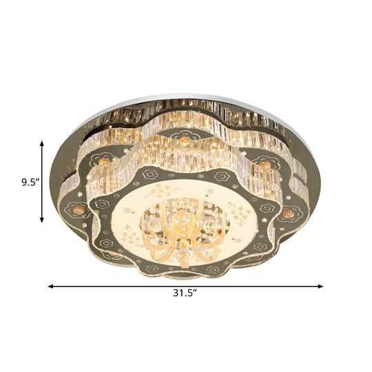 Contemporary Stainless-Steel Flush Ceiling Light With Led Clear Crystal Blocks And Floral Design