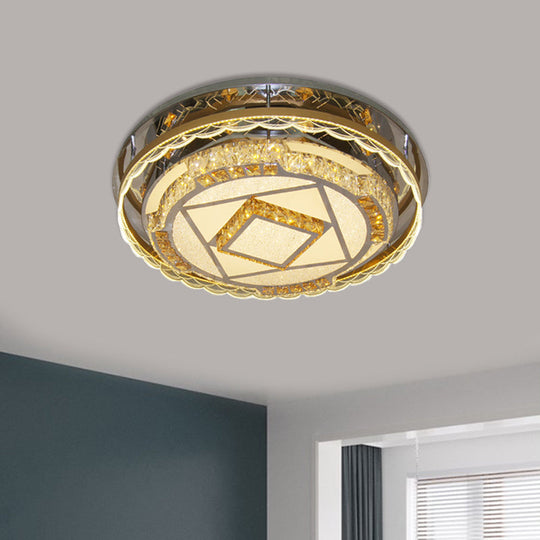 Contemporary Round Crystal Blocks Led Flush Mount Ceiling Lamp In Nickel - Perfect For Bedroom