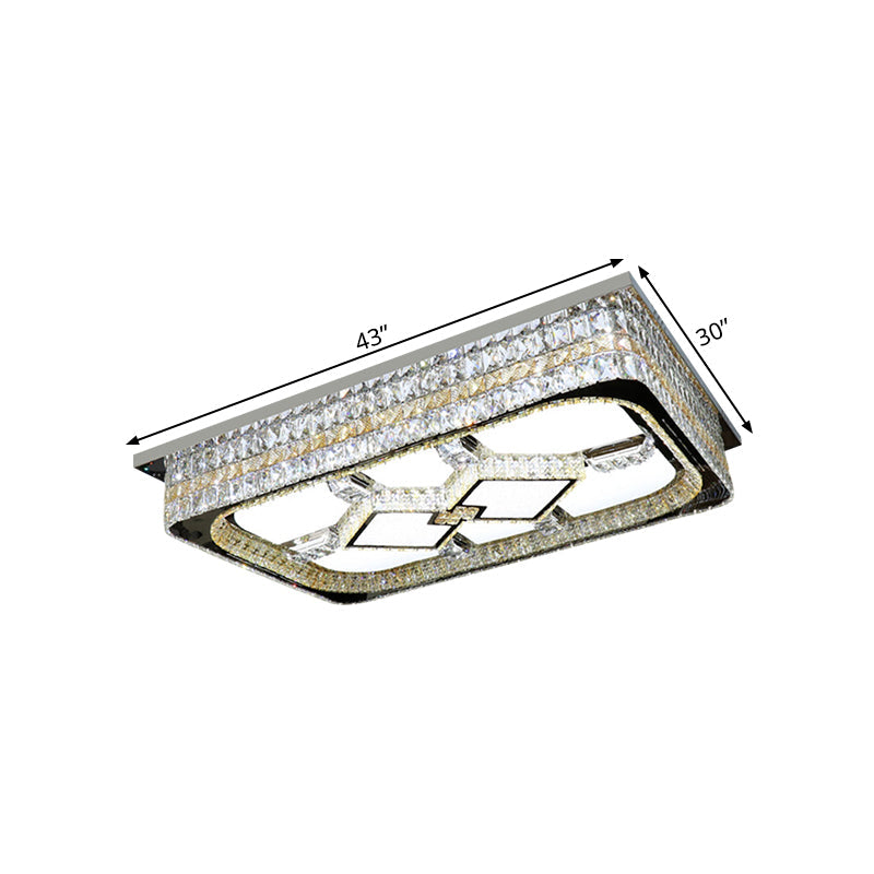 Modern Rectangular Parlor Ceiling Lamp With Clear Crystal Blocks And Stainless-Steel Flush Light