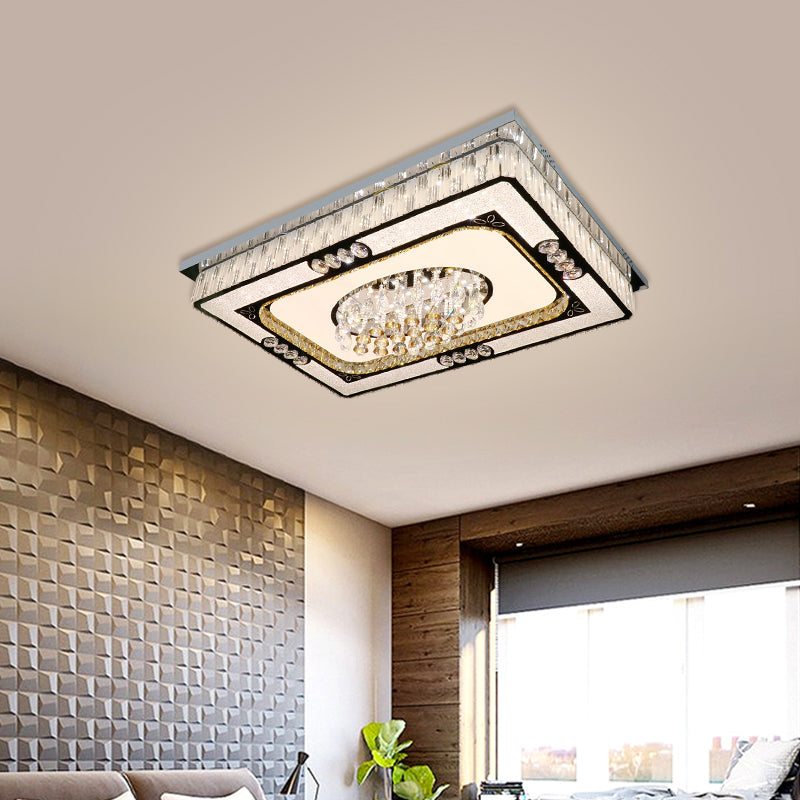 Contemporary Led Nickel Flush Ceiling Mount With Clear Crystal Blocks - Ideal For Great Rooms
