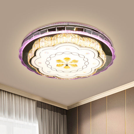 Modern Crystal Block Led Flush Ceiling Lamp In Stainless Steel With Floral Design
