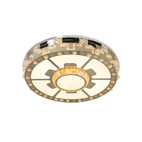 Stainless-Steel Led Round Ceiling Flush Mount Light Fixture With Clear Beveled Crystal Blocks