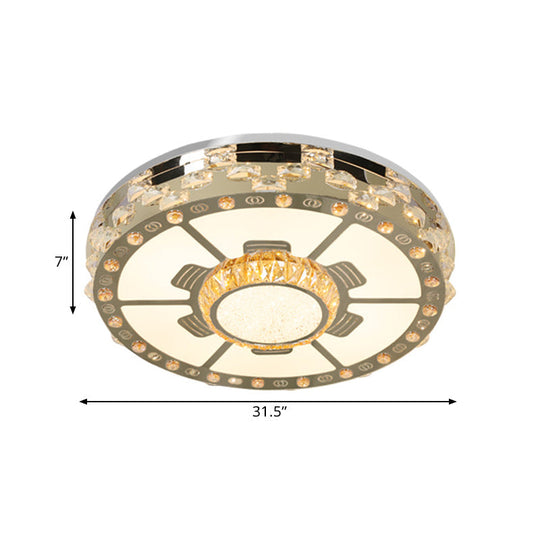 Stainless-Steel Led Round Ceiling Flush Mount Light Fixture With Clear Beveled Crystal Blocks