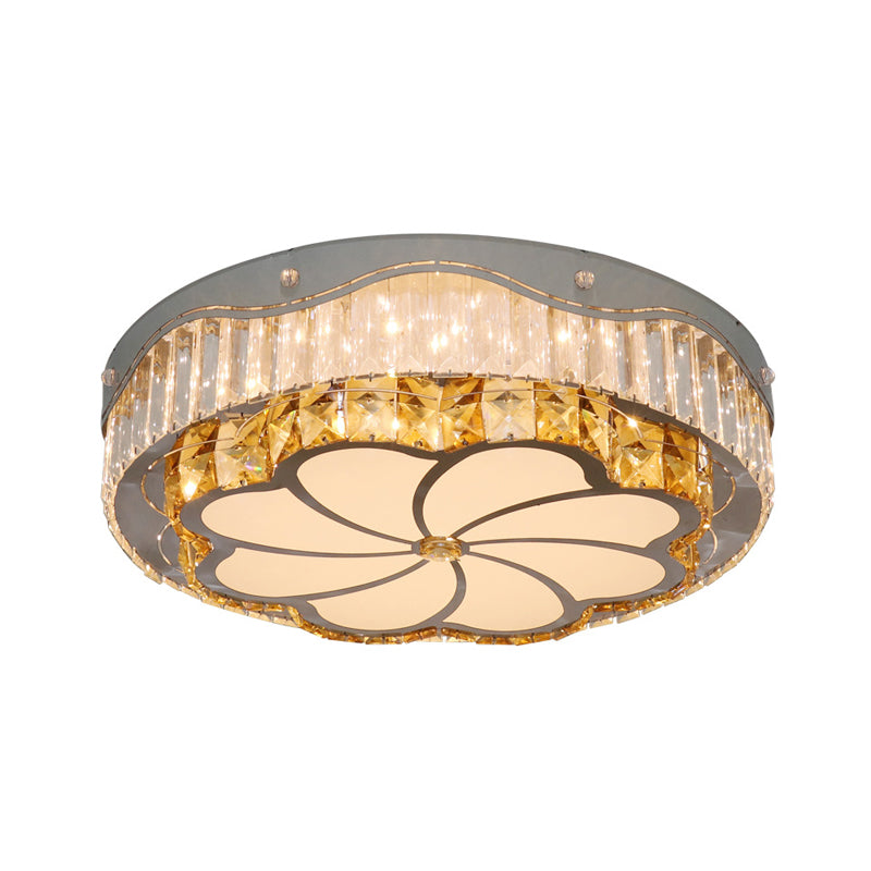 Contemporary Led Crystal Flushmount Ceiling Lamp With Windmill Pattern - Stainless Steel Drum Design