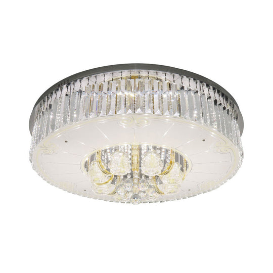 Modern Nickel Led Flush Mount Lamp With Clear Crystal Prisms Drum Design - Stylish Ceiling Lighting