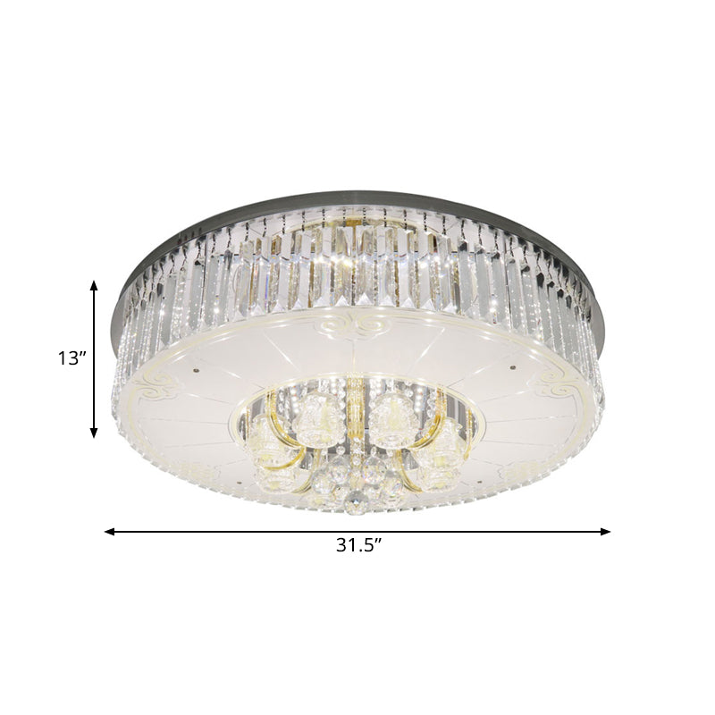 Modern Nickel Led Flush Mount Lamp With Clear Crystal Prisms Drum Design - Stylish Ceiling Lighting