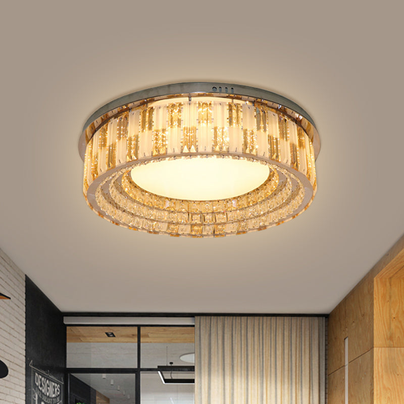 Stainless - Steel Led Flush Mount Ceiling Light With Crystal Blocks - Modern Round Fixture