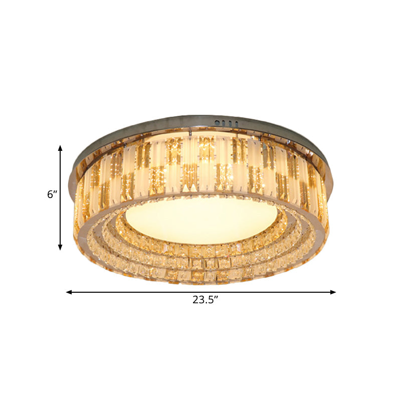 Stainless - Steel Led Flush Mount Ceiling Light With Crystal Blocks - Modern Round Fixture
