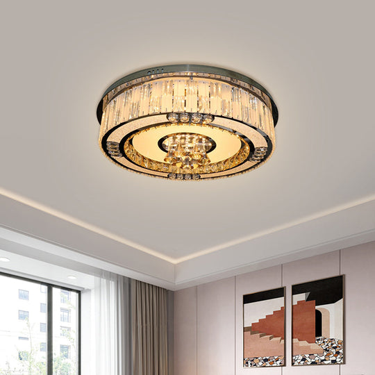 Contemporary Stainless - Steel Drum Flushmount Led Ceiling Light With Crystal Blocks