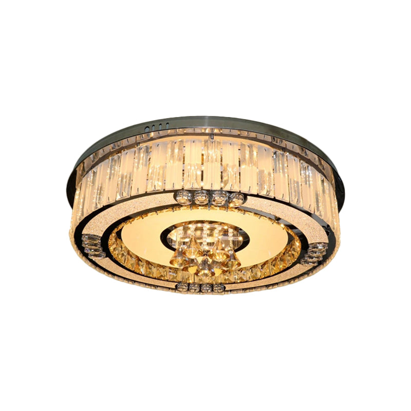 Contemporary Stainless - Steel Drum Flushmount Led Ceiling Light With Crystal Blocks