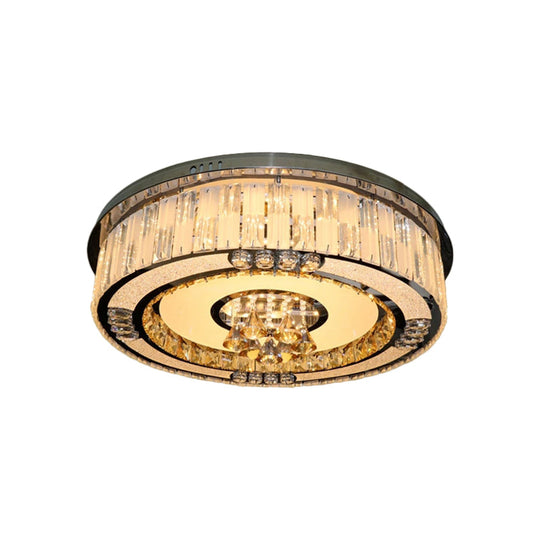 Contemporary Stainless - Steel Drum Flushmount Led Ceiling Light With Crystal Blocks