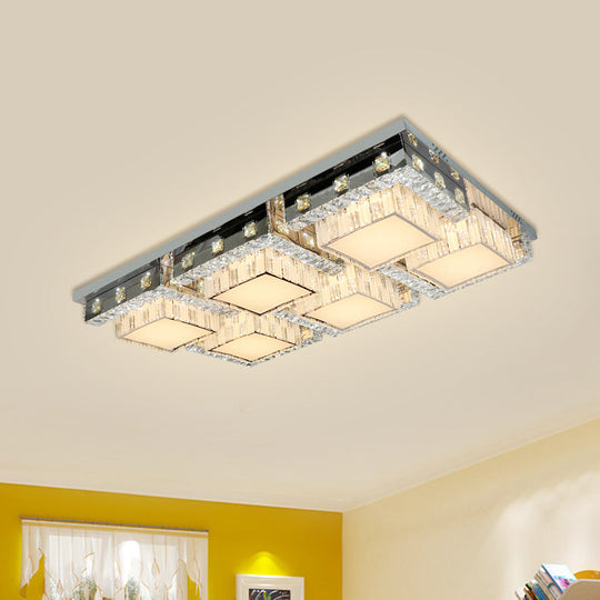 Modern Stainless-Steel Led Ceiling Light With Crystal Blocks - Rectangle/Square Shape White Cubic