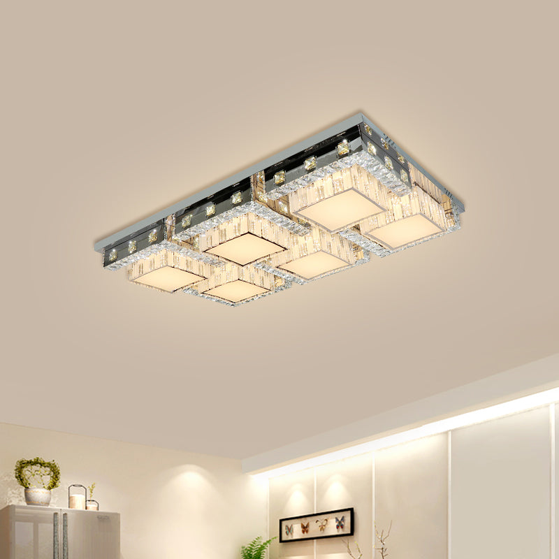 Modern Stainless-Steel Led Ceiling Light With Crystal Blocks - Rectangle/Square Shape White Cubic