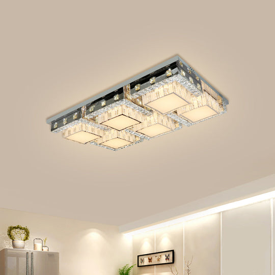 Modern Stainless-Steel Led Ceiling Light With Crystal Blocks - Rectangle/Square Shape White Cubic