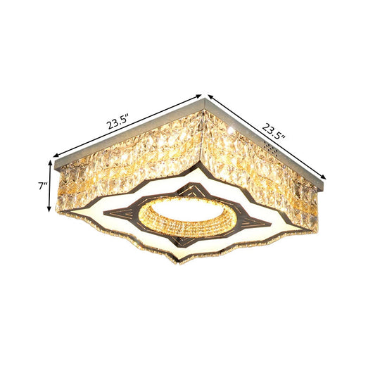 Contemporary Clear Crystal And Stainless-Steel Led Flush Mount Lamp With Curvy-Side Square Design