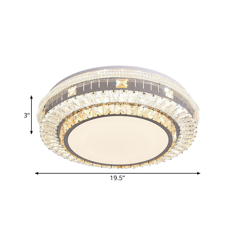 Clear Led Crystal Block Light Fixture - Modern Round Stainless-Steel Flush Mount For Great Room