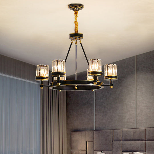 Lustre moderne en cristal noir avec abat-jour cylindrique transparent - 6/8 têtes pour les grandes pièces