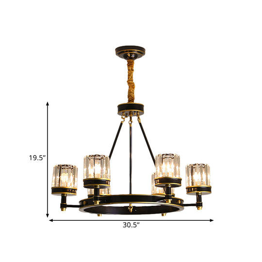 Lustre moderne en cristal noir avec abat-jour cylindrique transparent - 6/8 têtes pour les grandes pièces