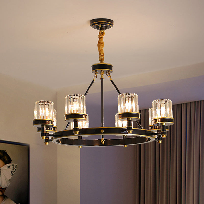 Lustre moderne en cristal noir avec abat-jour cylindrique transparent - 6/8 têtes pour les grandes pièces