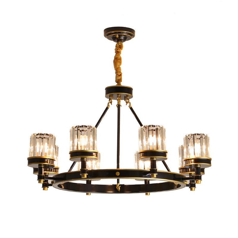Lustre moderne en cristal noir avec abat-jour cylindrique transparent - 6/8 têtes pour les grandes pièces