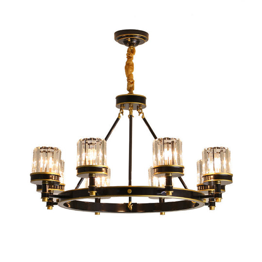 Lustre moderne en cristal noir avec abat-jour cylindrique transparent - 6/8 têtes pour les grandes pièces