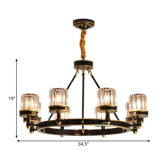 Lustre moderne en cristal noir avec abat-jour cylindrique transparent - 6/8 têtes pour les grandes pièces