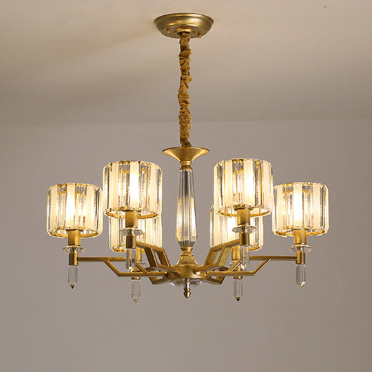 Contemporary Gold Hanging Light Chandelier - Crooked Arm With 6/8 Bulbs Clear Crystal Shade