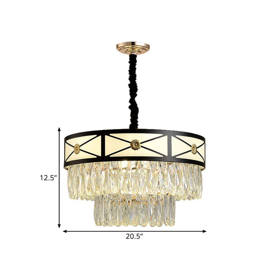 Contemporary Black Chandelier: 9 Heads Clear Crystal 3-Layer Round Suspension Light