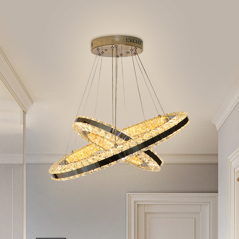 Modern Black Led Double Ring Parlor Hanging Lamp With Clear Crystals - Multi Pendant