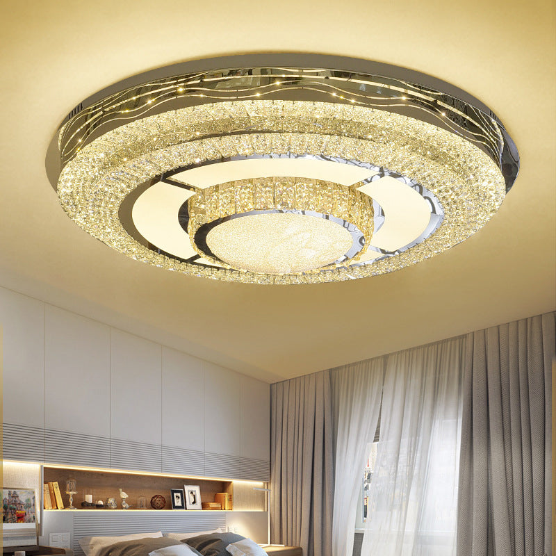 Modern Led Flush Mount Ceiling Lamp With Clear Rectangular - Cut Crystals In Stainless - Steel