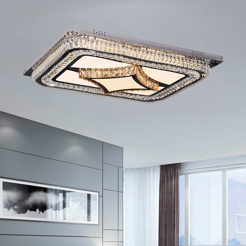 Modern Led Flushmount Ceiling Fixture With Stainless - Steel Frame And Clear Crystal Blocks