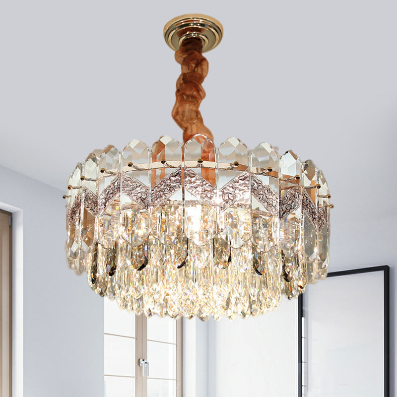 Modern Drum Ceiling Chandelier With Clear Crystal Draping - 9 Bulbs Champagne/Smoke Gray Finish