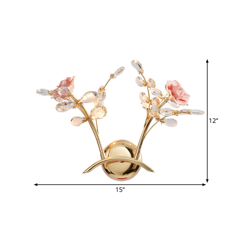 Contemporary Crystal Raindrop Wall Lighting With Rose Design - Gold Mount Lamp 2 Heads