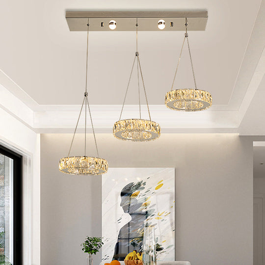 Modern 3-Ring Swag Light With Clear Rectangular-Cut Crystals - Led Plug-In Pendant In
