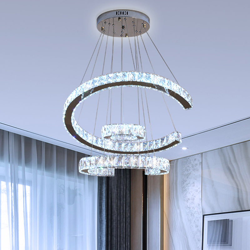 Modern Led C-Shaped Chandelier With Stainless-Steel Frame And Clear Crystals 21/23.5 Wide