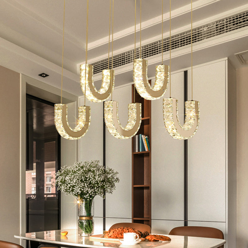 Modern Led U-Shape Pendant Lamp With Clear Crystals And Stainless Steel Finish Stainless-Steel
