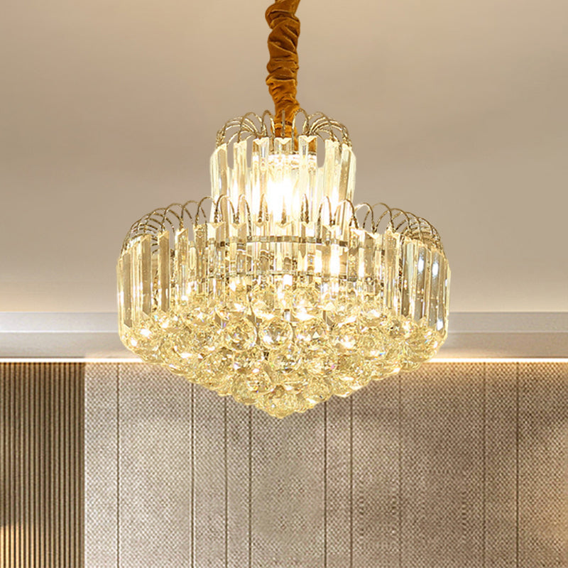 Lustre conique moderne doré avec abat-jour en cristal transparent - Luminaire suspendu à 6/8 ampoules