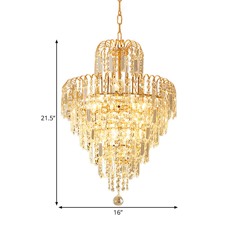 Modern Hand-Cut Crystal Chandelier Lamp - Tapered 12’/16’ Wide 3/6-Head Suspended Gold Lighting