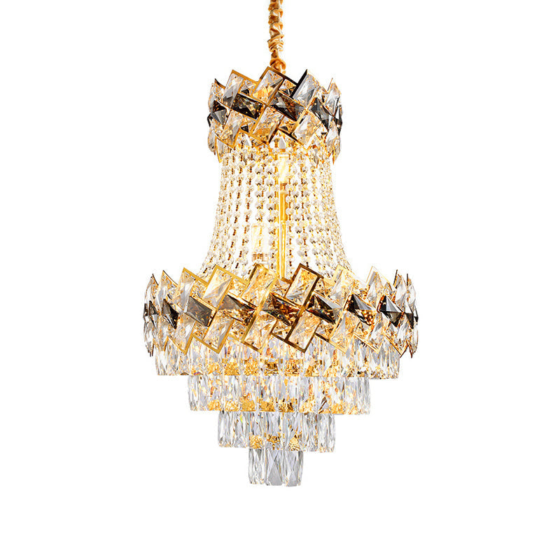 Contemporary Rectangle-Cut Crystal Hanging Pendant Light - 3/5-Bulb Gold Chandelier 12’/16’ Wide