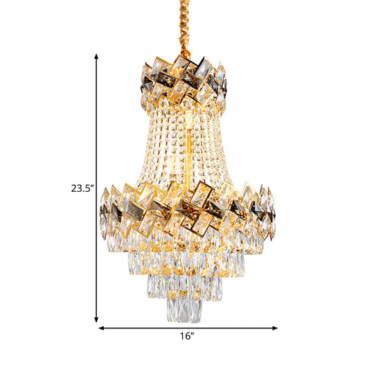 Contemporary Rectangle-Cut Crystal Hanging Pendant Light - 3/5-Bulb Gold Chandelier 12’/16’ Wide