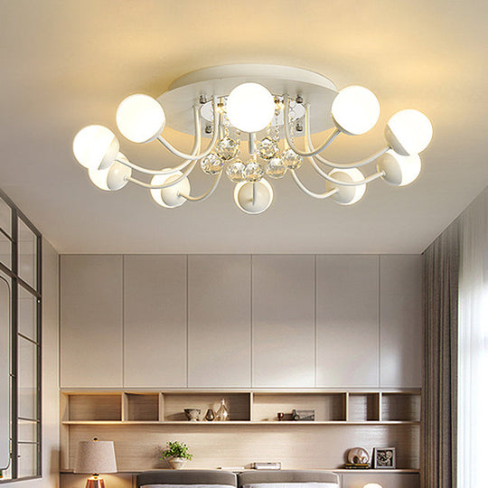 Hand-Cut Crystal Sphere Ceiling Light With Modern Design: 10/12-Head Black/White Mounting For