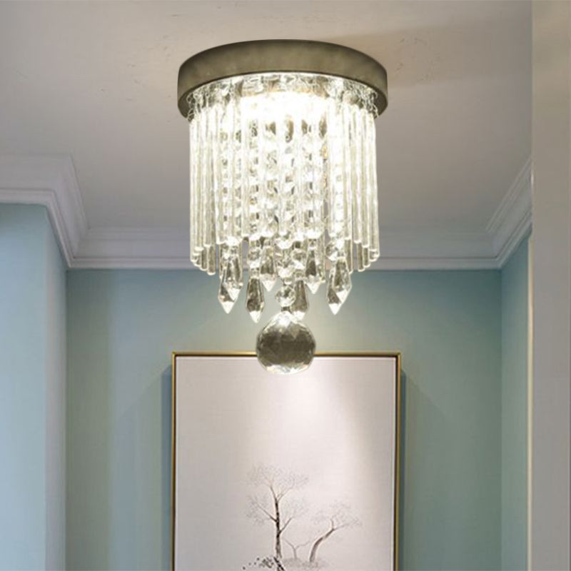 Modern Led Crystal Shade Chrome Flushmount Light 8’/19.5’ Wide Cylinder Ceiling Lamp