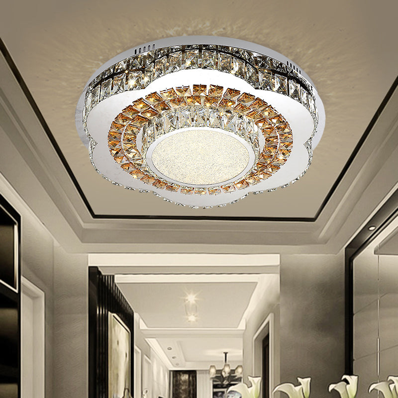 Modern Led Flower - Shaped Crystal Ceiling Mount Fixture In Chrome
